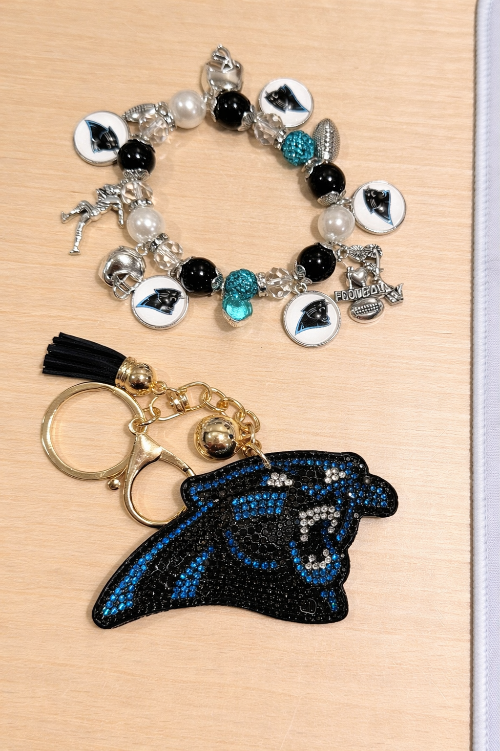 Panthers - Charm Bracelet & Rhinestone Bag Charm
