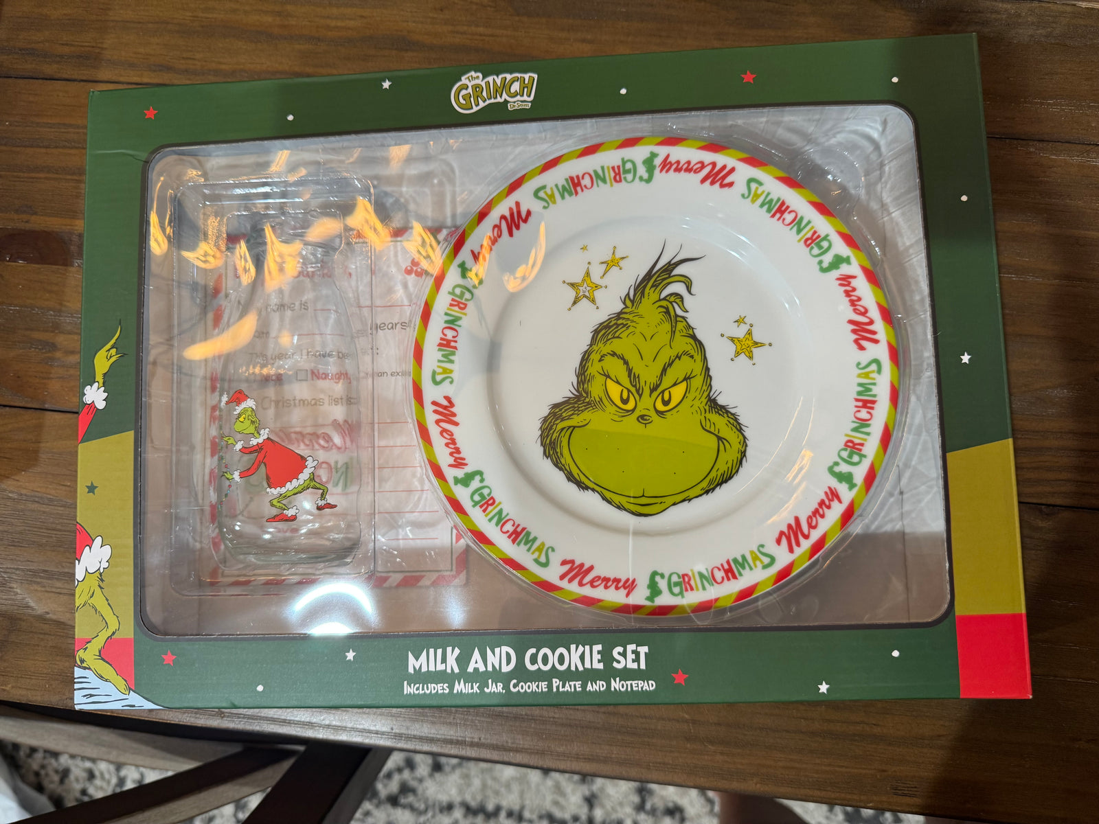 Grinch milk, and cookie set