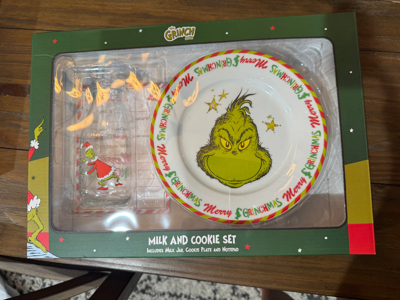 Grinch milk, and cookie set